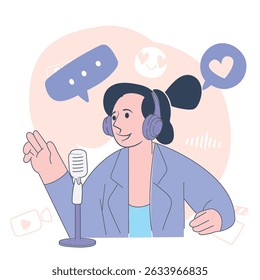 Happy Podcaster with Headphones Vector Illustration