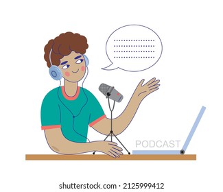 Happy podcaster man character talking with the audience. Professional podcaster on the air. Isolated vector flat illustration on white background