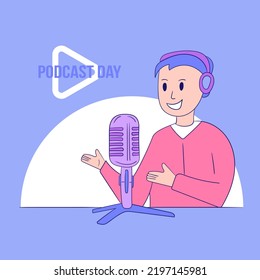Happy podcaster man character talking with the audience. Professional podcaster on the air. Vector illustration for banner. International Podcast Day