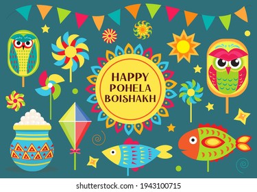 Happy Pohela Boishakh icon set with paper windmill, owl, rasagola. Bengali New Year collection of design elements, clip-art. Vector Illustration