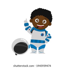 HAPPY POINTS UP EXPRESSION astronaut KID BLACK BOY NOT USE HELMET VECTOR digital design graphic 2d HD illustration