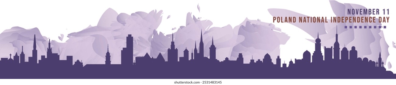 Happy Poland Independence Day in November banner with cities skyline, panorama. Flat vector celebration graphic, layout for footer, steamer, header