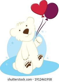 Happy polar bear with balloons, valentine's polar bear, cute little polar bear, romantic polar bear
