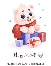 Happy polar bear cub with gift boxes. Greeting card Happy birthday. Cartoon animal character. Vector illustration. Kids collection