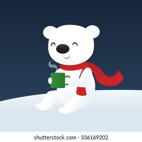 Happy polar bear drinking hot chocolate in the snow