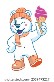 Happy Polar Bear Holding Large Ice Cream Mascot