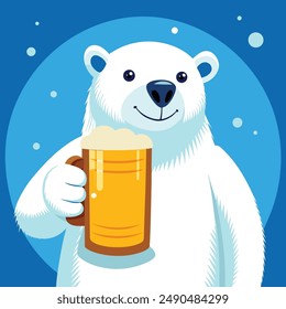 Happy polar bear holding a mug of beer on blue background