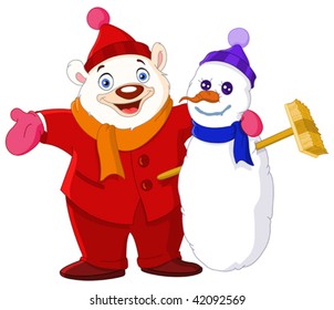 Happy polar bear hugging a snowman