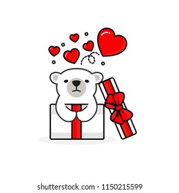 Happy polar bear inside the open gift box with fly hearts. Vector illustration