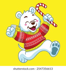 Happy Polar Bear Mascot Wearing Christmas Sweater