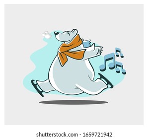 Happy Polar Bear Running Using Ice Skate. Animated Character. Vector Illustration