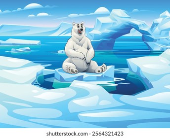 Happy polar bear sitting amidst Arctic ice formations under a sunny sky. Vector cartoon illustration