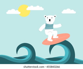 Happy polar bear surfing on high waves