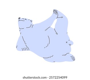 Happy polar bear training, stretching. Big white animal of North Pole, Antarctica, tundra lying and does workout. Cute arctic furry character does sports exercises. Flat isolated vector illustration