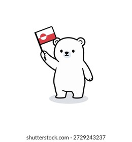 Happy polar bear waving small Greenland national flag