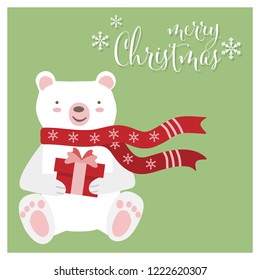 A happy Polar bear wear red scarf hold a gift box with pink ribbons sit on green background with Merry Christmas text, snowflakes and your copy space. Design for greeting season or party invitation.