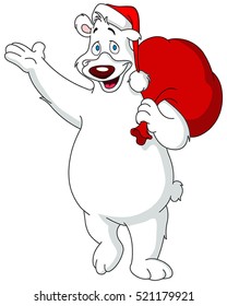 Happy polar bear wearing Santa Claus hat and carrying red gifts sack