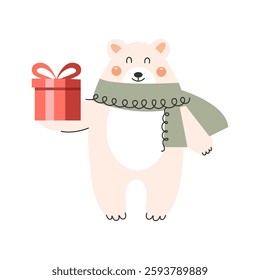 A happy polar bear is wearing a scarf, holding a red gift box, perfect for a festive holiday theme. Vector illustration on white isolated background
