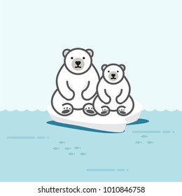 Happy polar bears stand on ice floe on the ocean.Cartoon style.