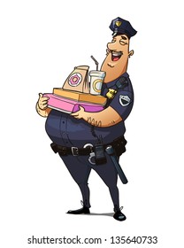 happy police man with donuts. police officer with fast food in the hands