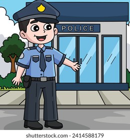 Happy Policeman Colored Cartoon Illustration