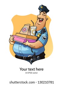 Happy policeman with donuts. Simple and clear banner design. illustration in a police badge frame