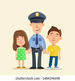 Happy policeman holding hands of kids. Police officer care of children. Policeman dad with son and daughter. Vector illustration, flat design, cartoon style. Isolated background.