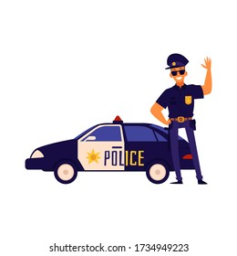 Happy policeman standing next to police car. Friendly cartoon character man in blue uniform waving his hand, isolated flat vector illustration on white background