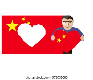 Happy politician with a heart in his hands on the background of the flag. Happy Valentine`s day China