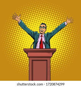 happy politician man on the podium. Pop art retro vector illustration kitsch vintage 50s 60s style