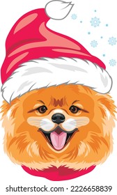 Happy pomeranian dog in Santa hat. Vector