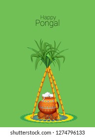 Happy Pongal 2019 Greeting Card with traditional pongal pot - Illustration