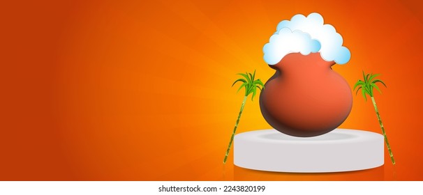 Happy Pongal Background. South Indian harvest festival celebration banner or poster design with sun rays on orange background