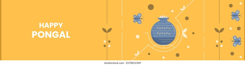 Happy Pongal banner design for social media greeting. Pongal pot and butterflies are included.