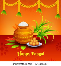 Happy Pongal banner or poster design with traditional pot, sugarcane and sweets on shiny floral background decorated with flower garlands.
