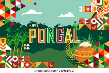 Happy Pongal Banner For Traditional Tamil Festival In Srilanka And India. Abstract Geometric Design For The Thai Pongal Days In Cultural Theme Colorful Icons Of Cow, Wheat, Pongal Pot And Sugarcane. 