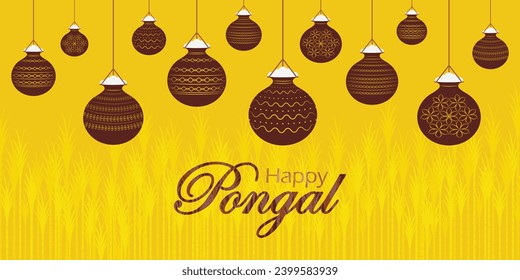 Happy pongal card with hanging pongal pot style paper torans. Pongal festival celebration banner, poster vector background.