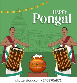 Happy Pongal Feiern Sie die Ernte mit lebendigen Farben und Delicacies Schlagzeuger Tempel Vektor Grußdesign