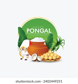 Happy Pongal Celebration Background With  Mud Pot, Sugarcane, banana leaf
