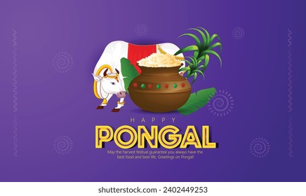 Happy Pongal Celebration Background With  Mud Pot, Sugarcane, banana leaf
