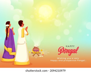 Contento Antecedentes De La Celebración Pongal Con Pareja Del Sur De India Haciendo Adoración A La Deidad Surya Y Cocina Tradicional De Platos (Arroz) En La Fuga.