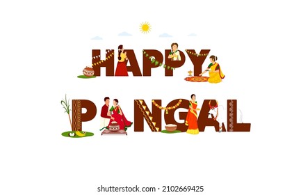 Happy Pongal Celebration Background With South Indian People, Bull Character, Cooking Traditional Dish (Rice) And Deity Surya.