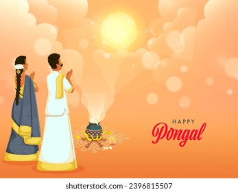 Happy Pongal Celebration Background with South Indian Couple Greeting Deity Surya Worship and Traditional Dish (Rice) Cooking at Bonfire.