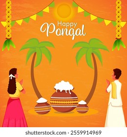 Happy Pongal Celebration Background with South Indian Boy and Girl Greeting Deity Surya Worship and Traditional Clay Pot of Rice Dish.