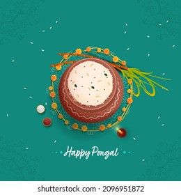 Happy Pongal Celebration Background With Top View Of Traditional Dish (Rice) In Mud Pot, Sugarcane, Lit Oil Lamp (Diya).