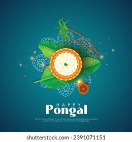 Happy Pongal Celebration Background With Top View Of Traditional Dish (Rice) In Mud Pot, Sugarcane, Lit Oil Lamp (Diya).	