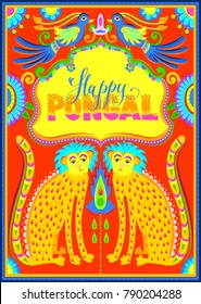 happy pongal celebration banner in truck art kitsch style to indian holiday, vector illustration