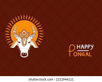 Happy Pongal Celebration Concept With Cow Face And Sun Illustration On Brown Criss Cross Kolam Pattern Background.