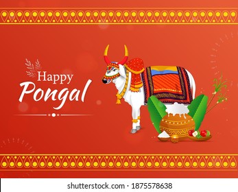 Happy Pongal Celebration Concept With Decorative Ox or Bull Character, Traditional Dish Mud Pot, Fruits, Sugarcane On Orange Background.