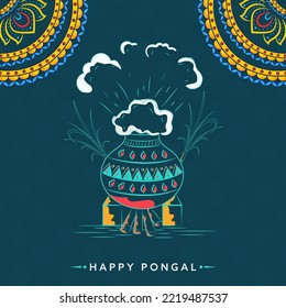 Happy Pongal Celebration Concept With Doodle Cooking Pot Over Firewood, Sugarcanes And Mandala Corner On Teal Blue Background.
